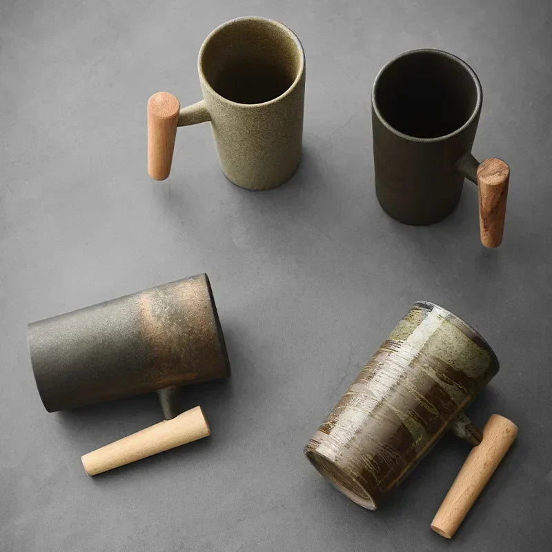 Keramik-Kaffeetasse 220 Ml Im Vintage-Stil – Mit Holzgriff Für Kaffee, Tee & Getränke (Gold)