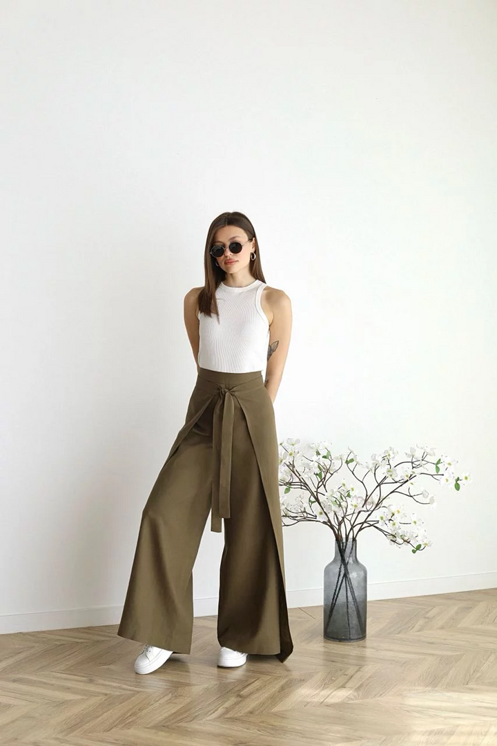 Heidemarie – Weit geschnittene Leinenhose mit Wickeloptik