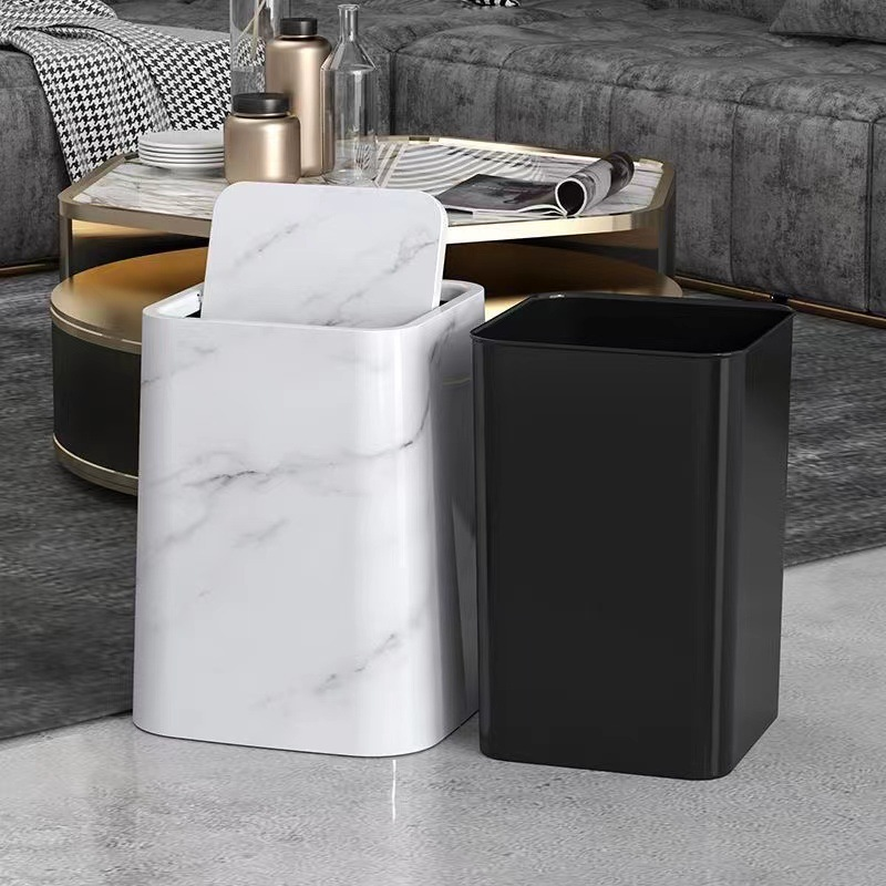 Elegant marble-design trash can with swivel lid