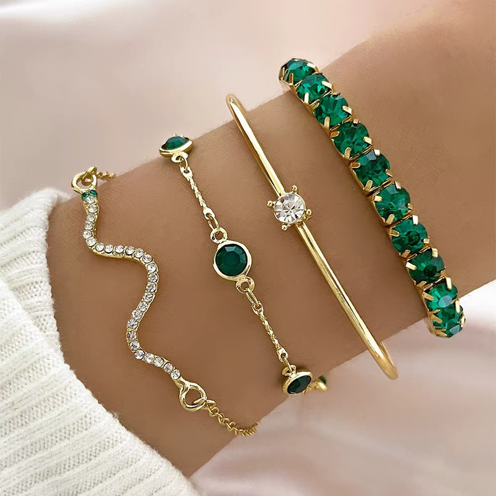 Miray – Smaragd Kristall und Goldarmband, 4-Teiliges Set